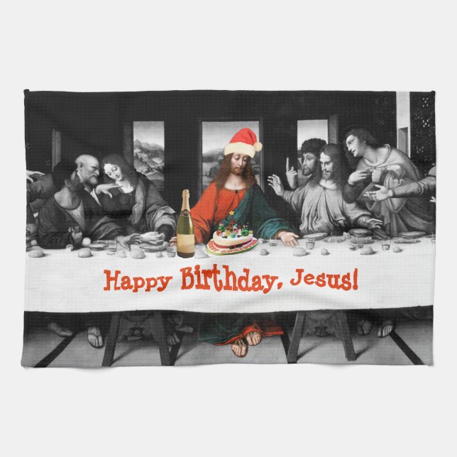 Happy Birthday, Jesus! Funny Christmas Kitchen Towel (Horizontal)