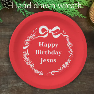 Happy Birthday Jesus   Hand Drawn Bow Christmas Paper Plate