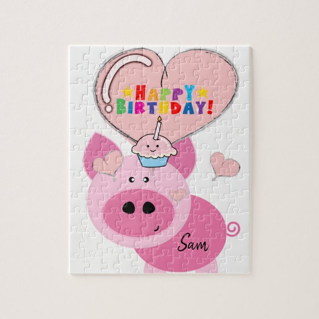 Happy Birthday Jigsaw Puzzle Pink Pig (Vertical)