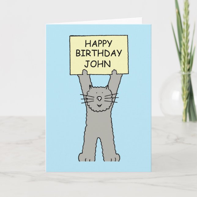 Happy Birthday John Cartoon Cat Card (Front)