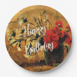 Happy Birthday, Jug with Red and White Carnations Paper Plate