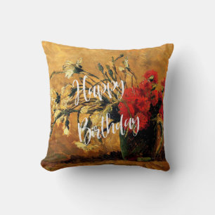 Happy Birthday, Jug with Red and White Carnations Throw Pillow