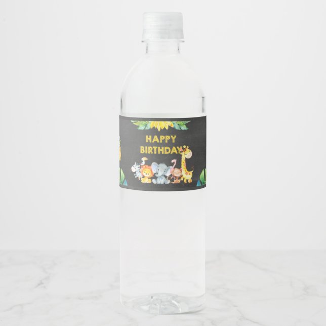 Happy Birthday Jungle Safari Animals Cute Chalk Water Bottle Label (Front)
