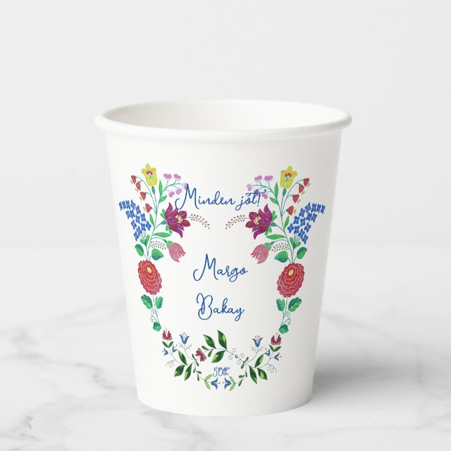 Happy Birthday Kalocsai Flower Folk Art  Paper Cups (Front)