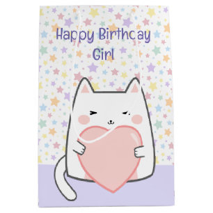 Happy Birthday Kawaii Cat with a love Heart Medium Gift Bag