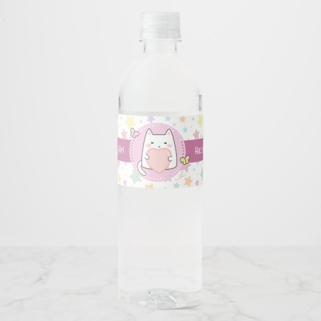 Happy Birthday Kawaii Cat with a love Heart Water Bottle Label (Front)
