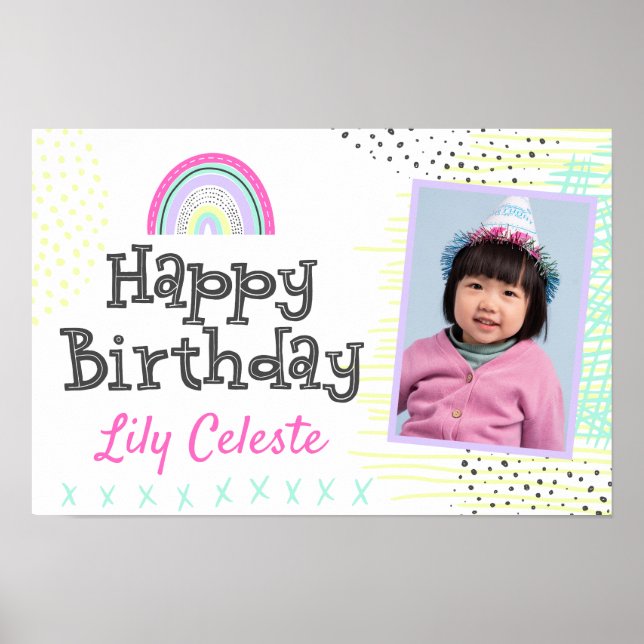 Happy Birthday Kawaii Cute Rainbow Kids Party Sign (Front)