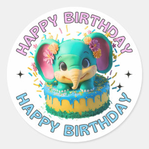 Happy Birthday Kawaii Elephant Classic Round Sticker