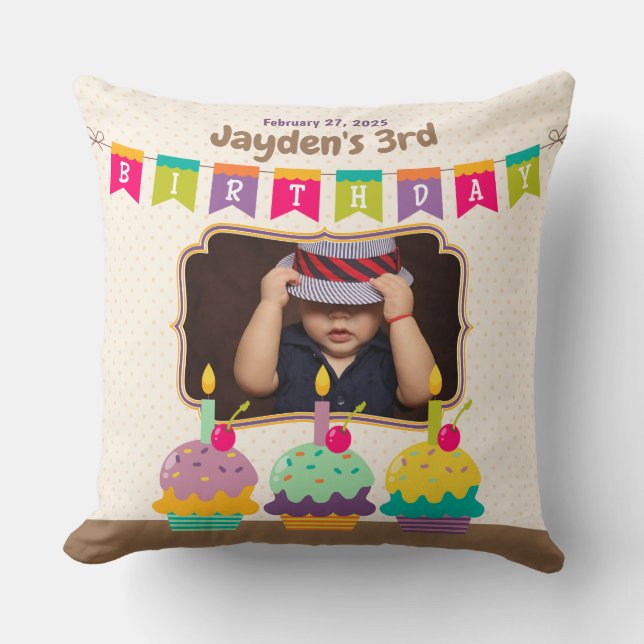 Happy Birthday Kid Colourful Cupcakes Bunting Phot Throw Pillow (Front)