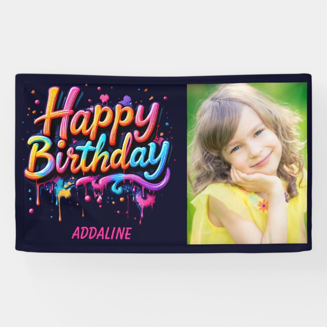 Happy Birthday Kids Black Orange Pink Photo  Banner (Horizontal)