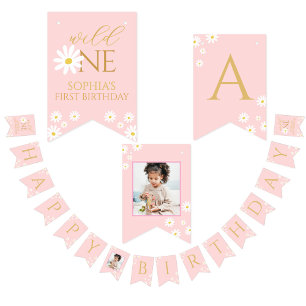 Happy Birthday Kids boho daisy Cute Pink  Bunting Flags