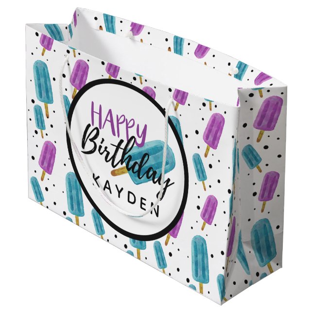 Happy Birthday Kid's Name Summer Ice Pop Party Large Gift Bag (Back Angled)