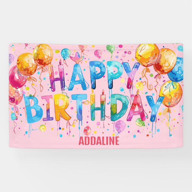 Happy Birthday Kids Pink Orange Watercolor  Banner (Horizontal)
