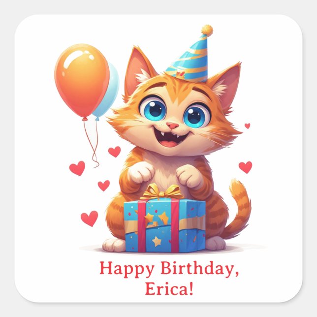 Happy Birthday Kitty With Party Hat 🐱 Square Sticker (Front)