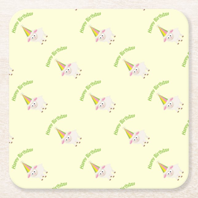 Happy Birthday Lamb Square Paper Coaster (Front)