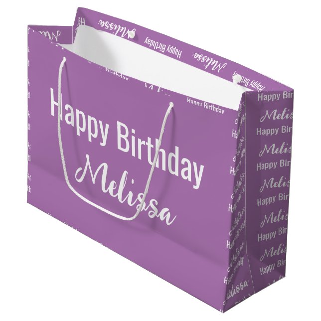 Happy Birthday Lavender and White Name Pattern Large Gift Bag (Front Angled)
