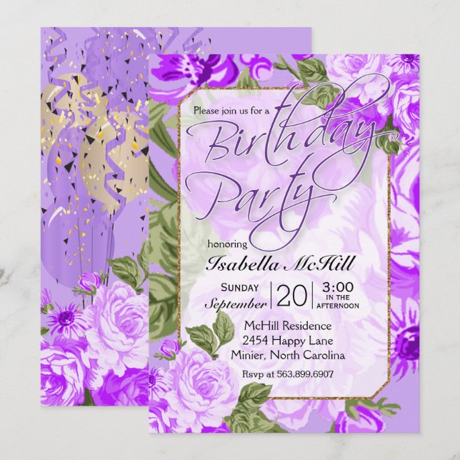 Happy BIrthday - Lavender Purple Floral Design Invitation (Front/Back)
