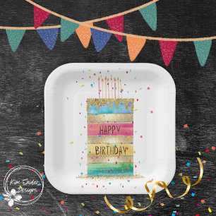 "Happy Birthday" Layer Cake with Gold and Confetti Paper Plate