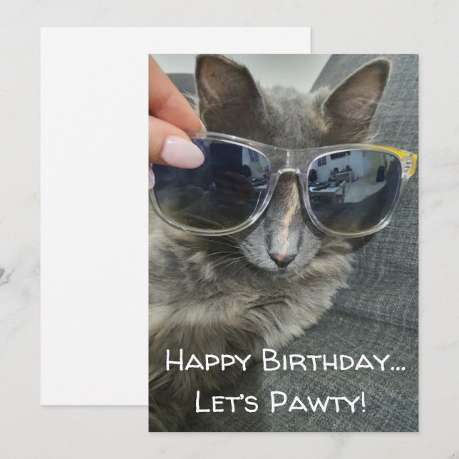 "happy birthday let's pawty" funny grey cat photo card (Front/Back)