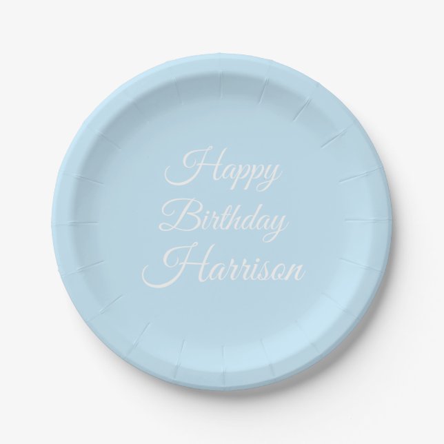 Happy Birthday light blue white custom script name Paper Plate (Front)