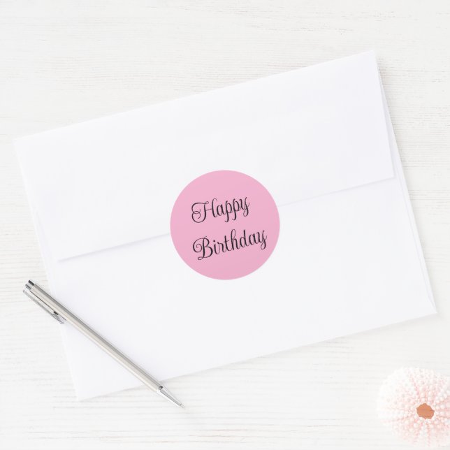 Happy Birthday Light Pink and Black Elegant Script Classic Round Sticker (Envelope)