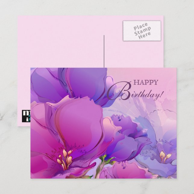 Happy Birthday. Lilac Pink Watercolor Floral  Postcard (Front/Back)
