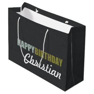 Happy Birthday Linen Grey Personalized Large Gift Bag