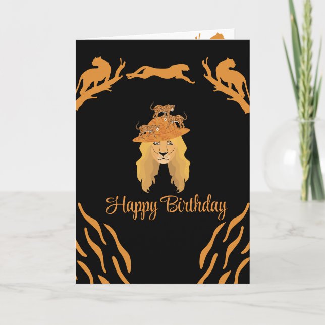 happy birthday lion hat black and gold card (Front)