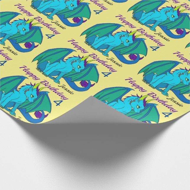 Happy Birthday Little Dragon Girl's Name Custom Wrapping Paper (Corner)