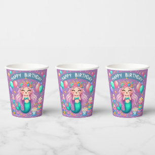 Happy Birthday Little Girl Mermaid Paper Cups