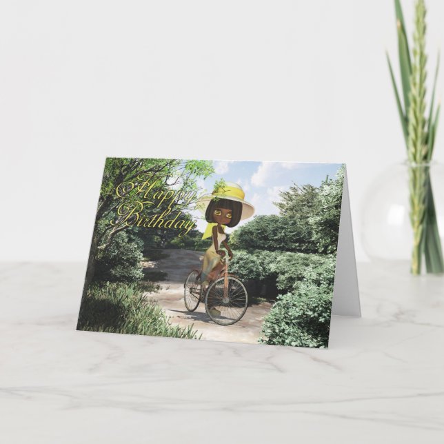 Happy Birthday Little Girl on Footpath Riding a bi Card (Front)