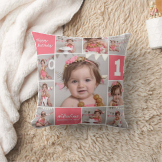 Happy Birthday Little One Photo Collage Throw Pillow
