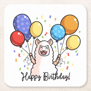 Happy Birthday Llama Square Paper Coaster