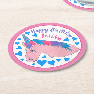 Happy Birthday Magical Pink Unicorn Party Round Paper Coaster