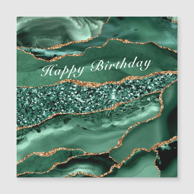 Happy Birthday Magnet Card Agate Green Gold Marble (Front)
