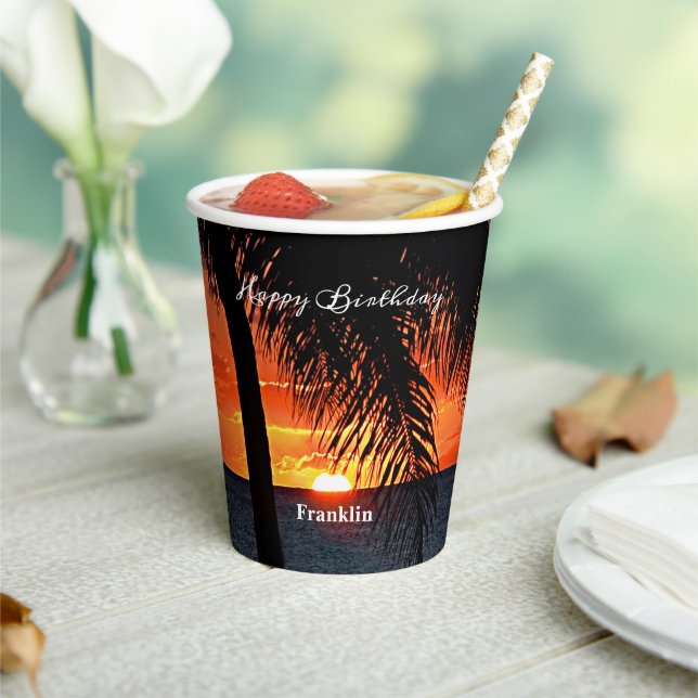 Happy Birthday Men Sunset Ocean Tropical Trees  Paper Cups (Insitu)