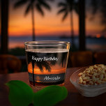Happy Birthday Men Sunset Tropical Trees Custom Shot Glass<br><div class="desc">Happy Birthday Men Sunset Tropical Trees Custom Shot Glass is great to give as a Birthday gift to the special person in your life. They will enjoy a sunset in paradise everytime they use it. It also makes a wonderful keepsake to give to guest at a party. This beautiful evening...</div>
