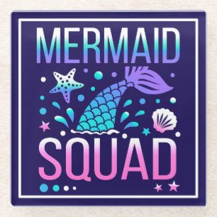Happy Birthday Mermaid Squad Ocean Party Design Glass Coaster