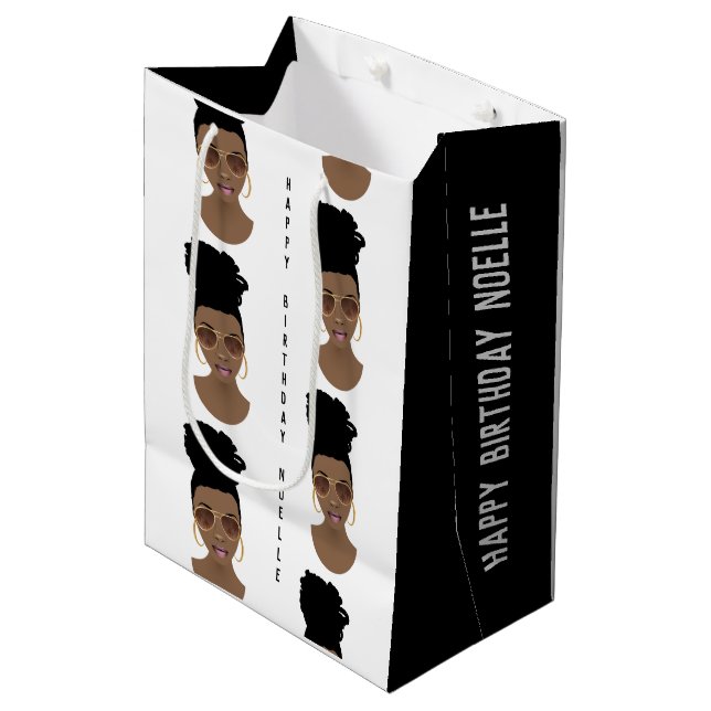 Happy Birthday, Messy Bun, Black & White Medium Gift Bag (Front Angled)
