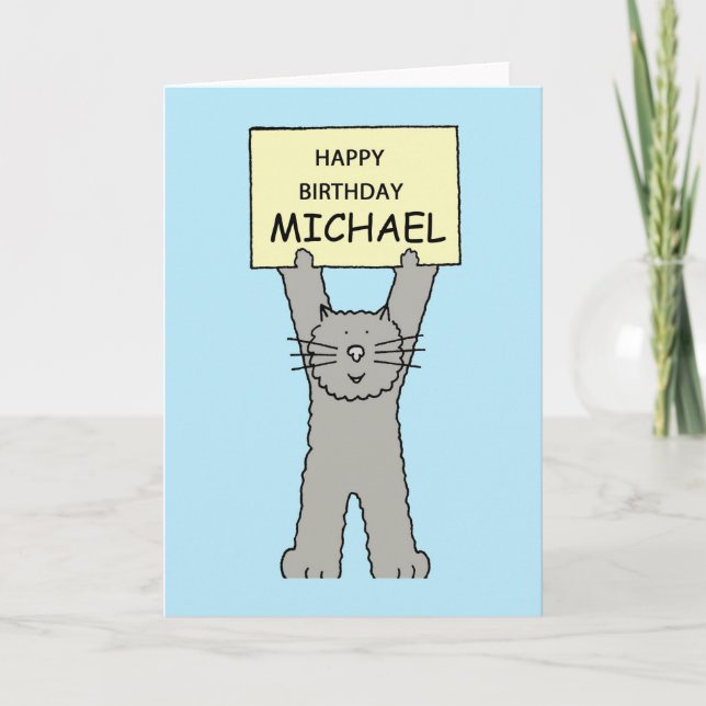 Happy Birthday Michael Cartoon Gray Cat Card (Front)