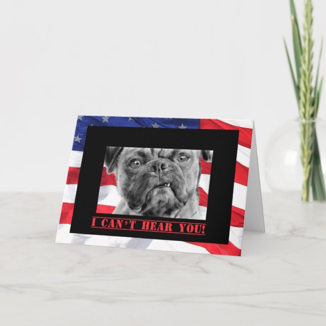 Happy Birthday Military Soldier U.S. Flag and Pug Card (Front)