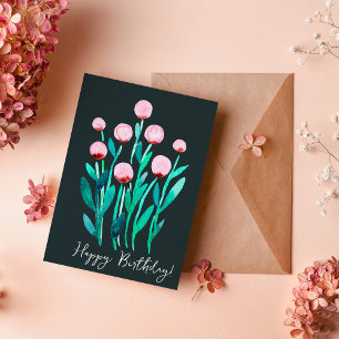 Happy Birthday minimal pink watercolor flowers Card
