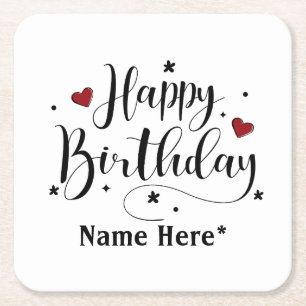Happy Birthday  Minimalist Typography Calligraphy  Square Paper Coaster