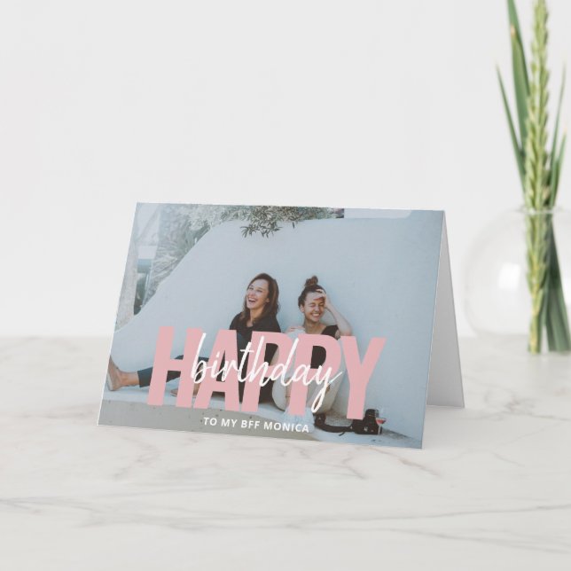 Happy Birthday Modern Bold Brush Script Photo Card (Front)