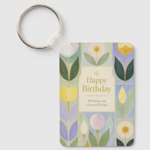 Happy Birthday Modern Botanical Flowers in Pastel Keychain