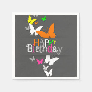 Happy Birthday Modern Colourful Neon Butterflies Napkin