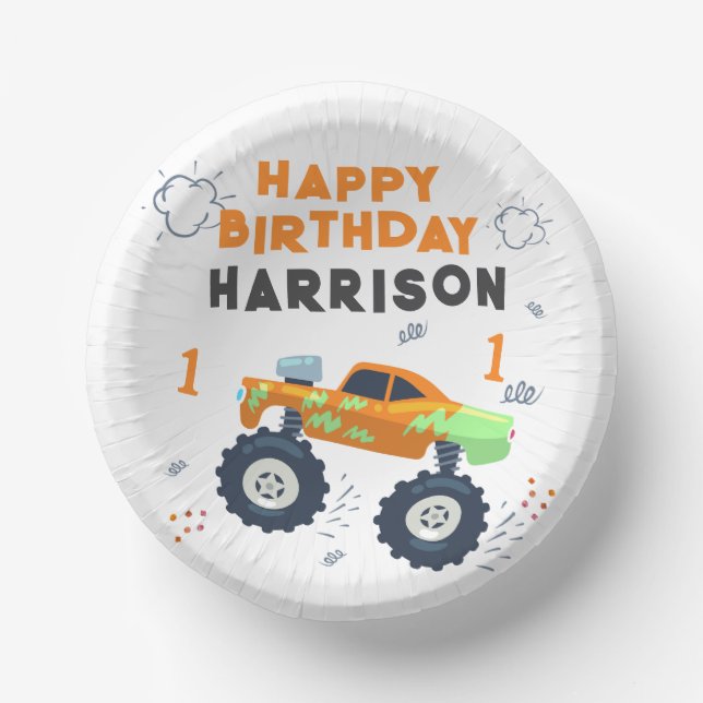 Happy Birthday Modern Monster Car Trucks Name  Paper Plate (Front)