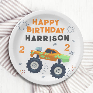 Happy Birthday Modern Monster Car Trucks Name  Paper Plate