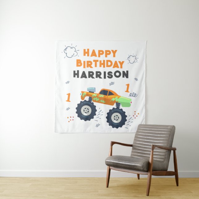 Happy Birthday Modern Monster Car Trucks Name  Tapestry (In Situ)