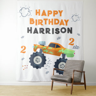 Happy Birthday Modern Monster Car Trucks Name Tapestry